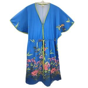 Granada‎ Vintage 80s Floral Knit Short Sleeve Zip‑Front Kaftan Mumu Dress